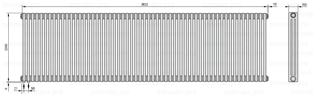 Схема (чертеж) Радиатор Zehnder Charleston 3220/57 №3370 Белый глянцевый RAL 9016